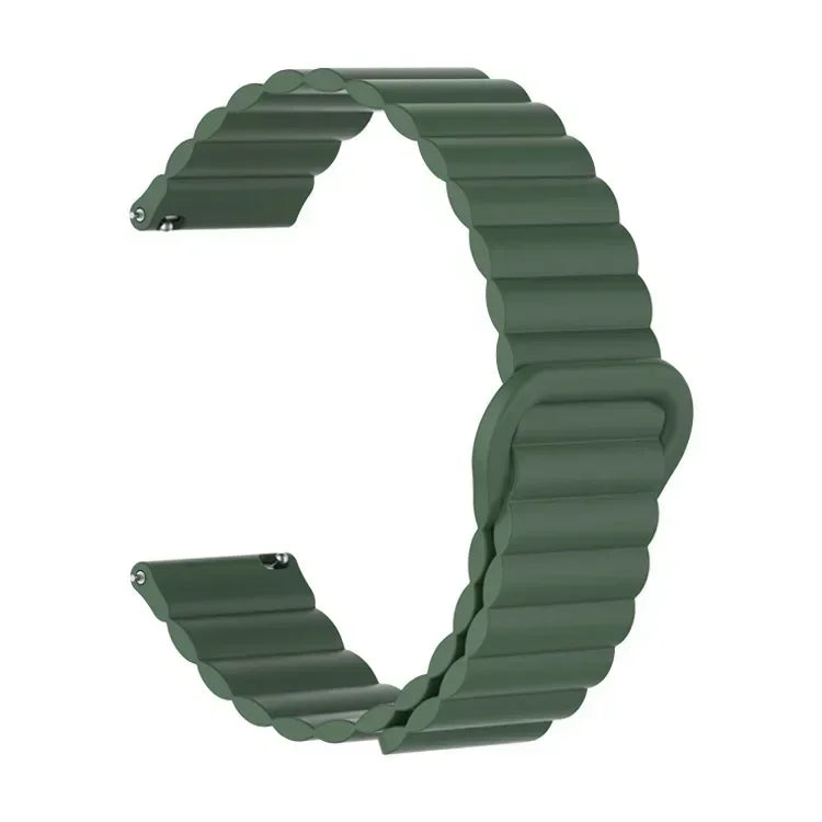 A close-up view of a dark green adjustable magnetic loop watch band.