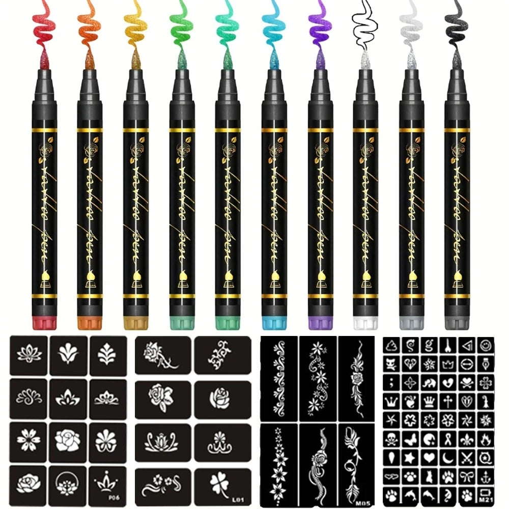 A set of ten skin painting face paint markers in various colors, including black, gold, green, purple, and silver.