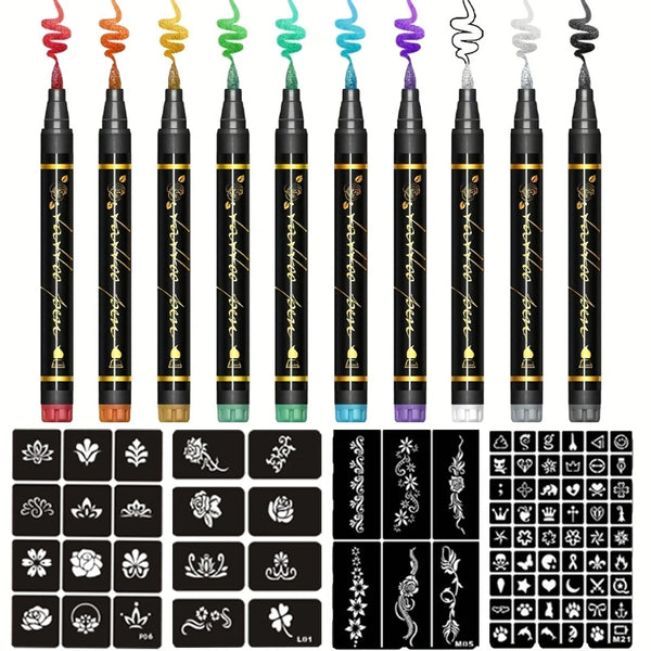 Ein Set von zehn Gesichtsbemalungsmarkern in verschiedenen Farben, darunter schwarz, gold, grün, lila und silber.
