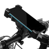 A black universal 360° rotating bike phone mount with a shockproof grip attached to a bicycle handlebar.