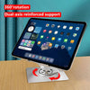 A foldable tablet is shown mounted on a dual-axis reinforced stand, demonstrating 360° rotation capability.