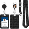 A leopard print retractable ID badge holder with a black tag and silver clip.