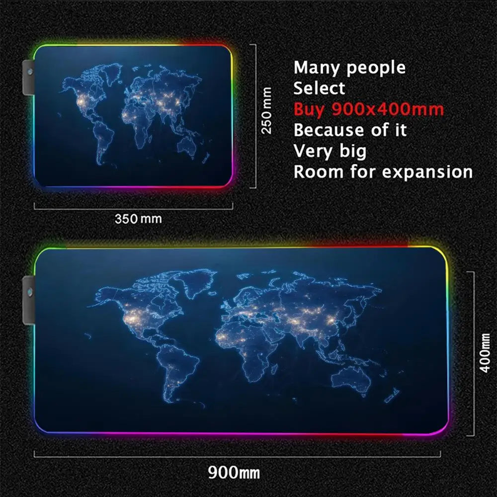 An RGB backlit gaming mouse pad featuring a glowing map of the world on a large surface.