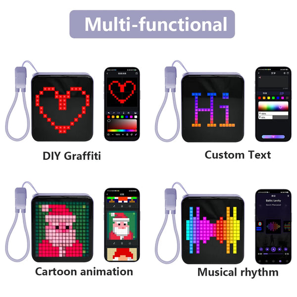 A multi-functional LED pixel display showing various patterns including graffiti, text, cartoon animation, and musical rhythm