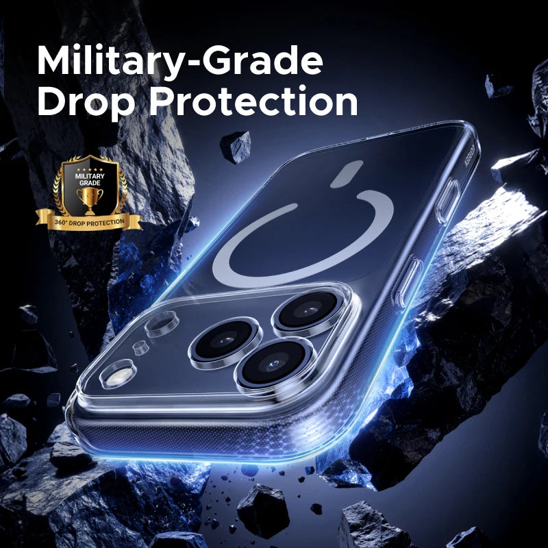 A clear phone case featuring a magnetic design and MagSafe support, displayed against a dark, rocky background.