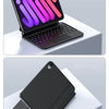 Estuche de teclado mágico negro retroiluminado para iPad Mini mostrado sobre una superficie blanca.
