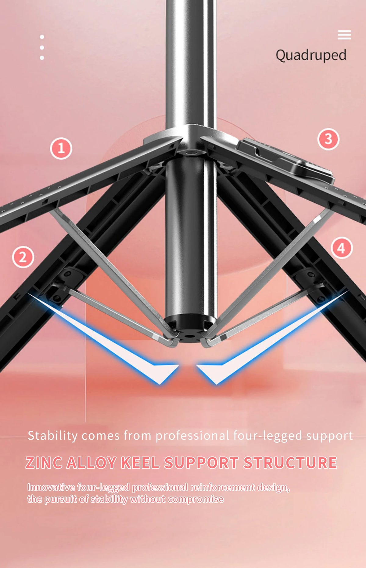 A close-up view of a Quadruped support structure for a Bluetooth selfie stick tripod, highlighting its stability features.