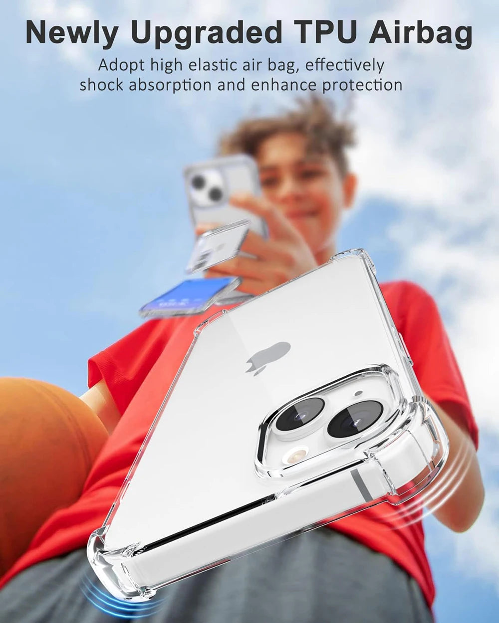 A person holds a clear shockproof phone case for an iPhone against a blue sky background.