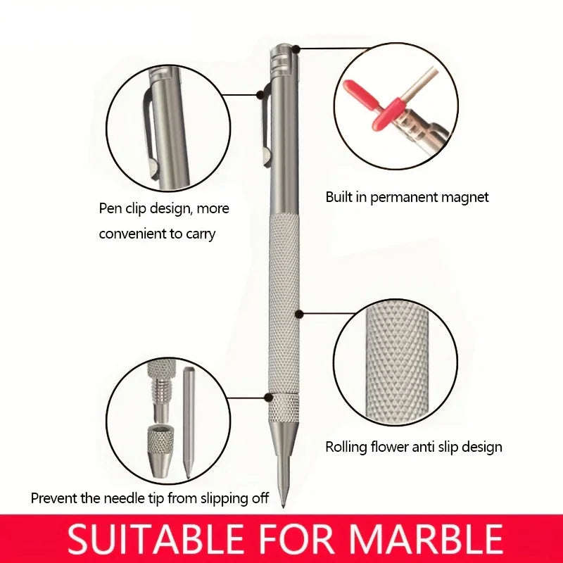 A silver pen-style scriber with a built-in permanent magnet and a rolling flower anti slip design suitable for marble.