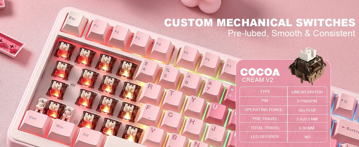 A close-up of a pink mechanical keyboard featuring custom pre-lubed switches and a cocoa cream V2 keycap.