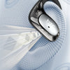 A black HTC Bluetooth earphone is shown in a close-up, highlighting its design and sound technology.