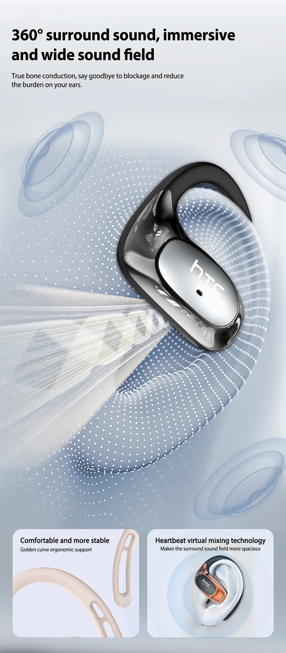 A black HTC Bluetooth earphone is shown in a close-up, highlighting its design and sound technology.