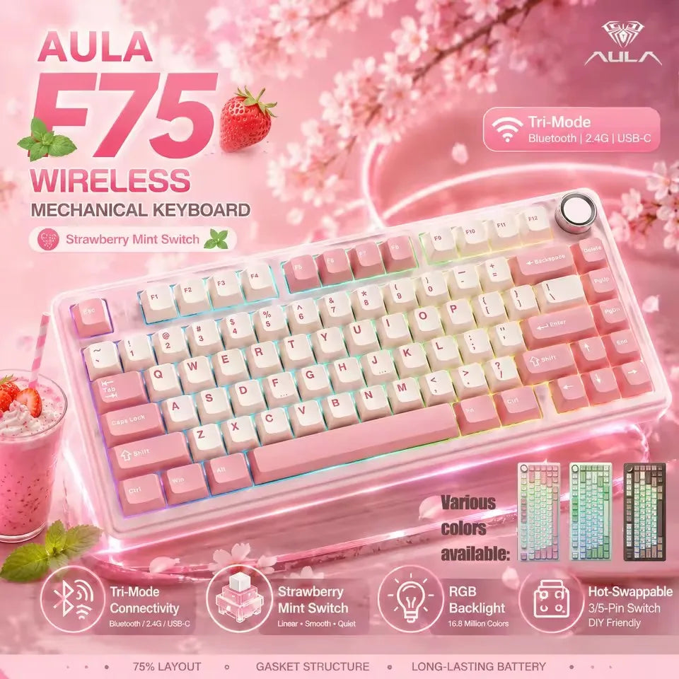 A pink wireless mechanical keyboard featuring strawberry mint switches and tri-mode connectivity.