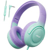 Purple and mint green wired headphones with a volume limiter and detachable cord.