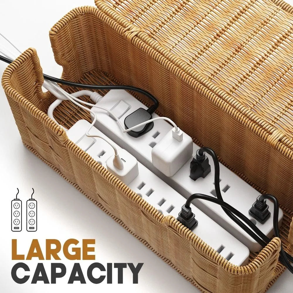 A handwoven rattan cable management box with a lid containing white power strips and cables.