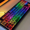 A close-up view of a mechanical keyboard with translucent keycaps displaying a vibrant rainbow light effect.