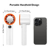 Portable handheld design of a white bladeless cooling fan with an orange grille and a smartphone shown next to it.