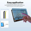 A hand applies a clear tempered glass screen protector to a tablet screen, demonstrating easy application.