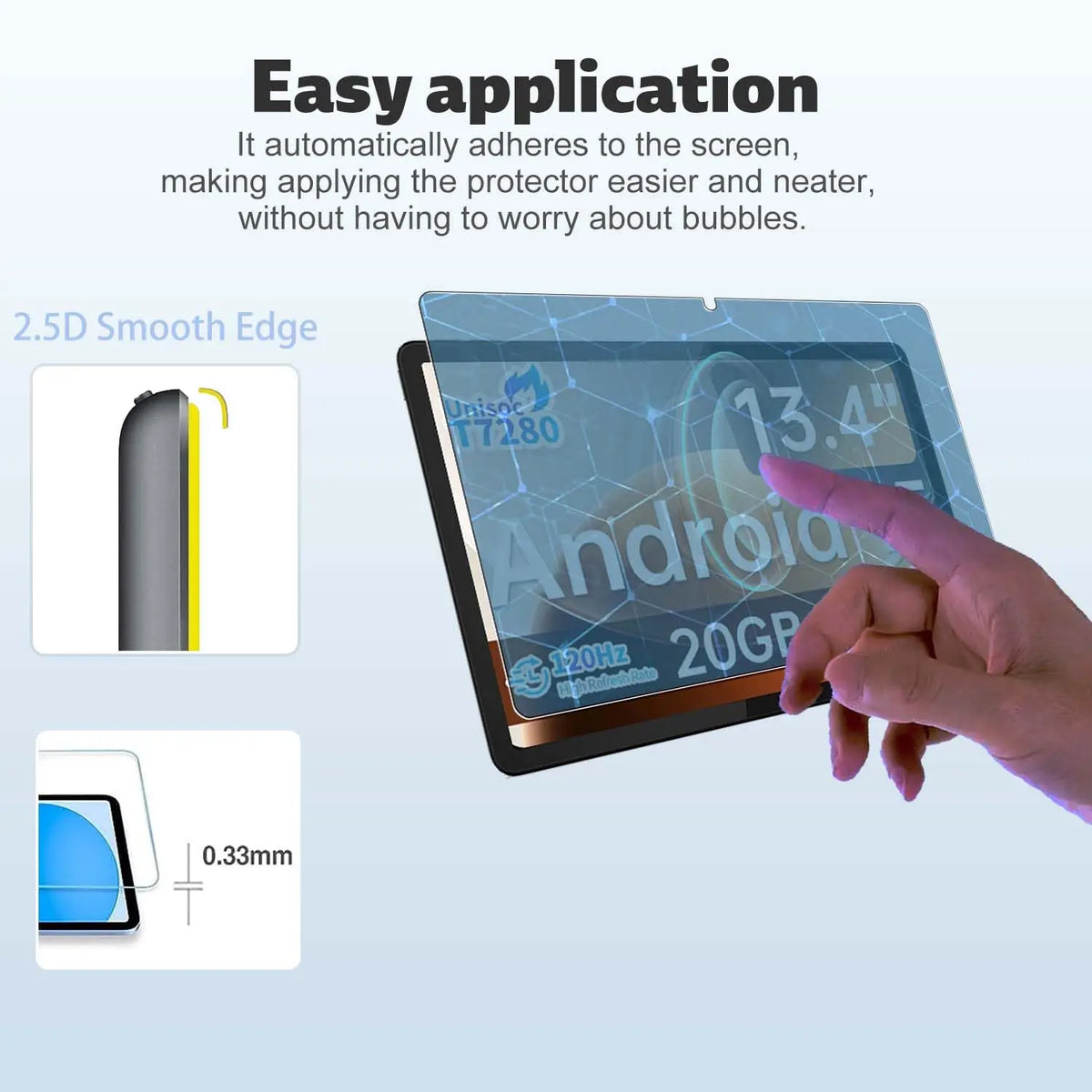 A hand applies a clear tempered glass screen protector to a tablet screen, demonstrating easy application.