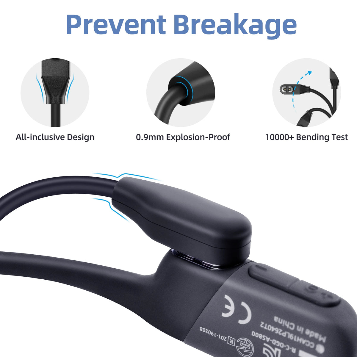 A black fast charging cable is shown with various durability features like explosion-proof design and bending tests.