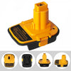 Adaptador de conversión de batería amarillo con carcasa negra y conector naranja para herramientas eléctricas.