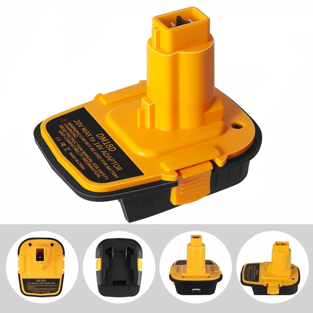 Adaptador de conversión de batería amarillo con carcasa negra y conector naranja para herramientas eléctricas.