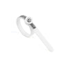 A white ring sizer and measuring tool with a magnifier is shown against a white background.