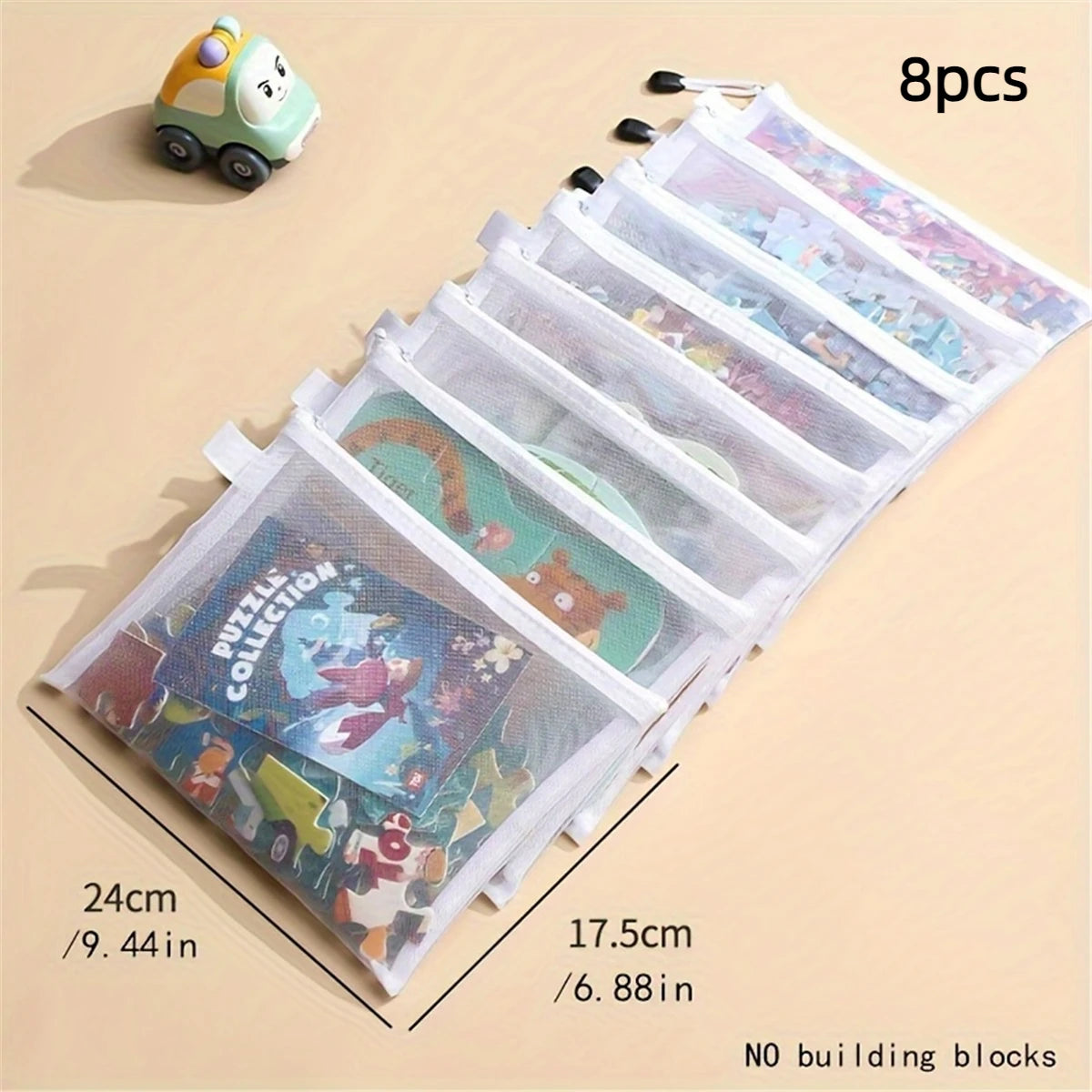 Set of 8 reusable zipper mesh storage bags for small items like building blocks