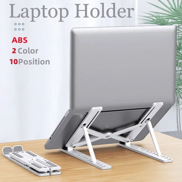 A silver laptop holder with adjustable arms is shown on a wooden desk.