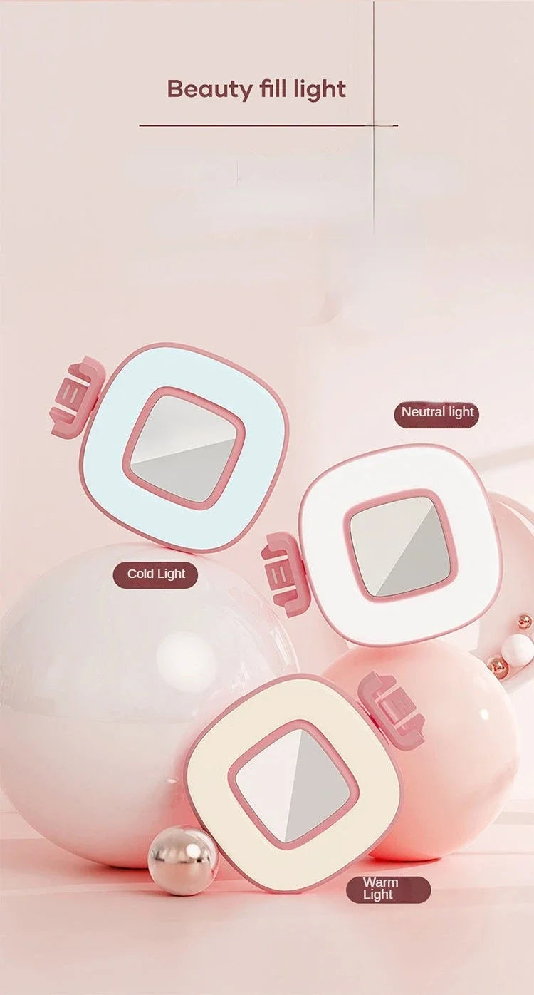 Pink beauty fill light bulbs and a white spherical light source demonstrating neutral, cold, and warm light settings.