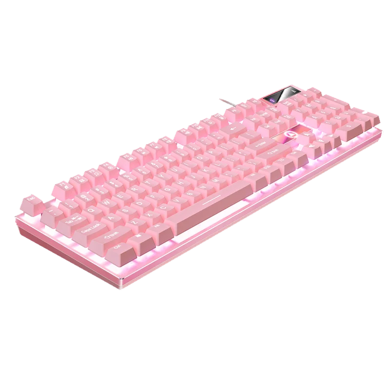 A pink wired USB mechanical keyboard with an RGB backlight is shown from a top-down angle.