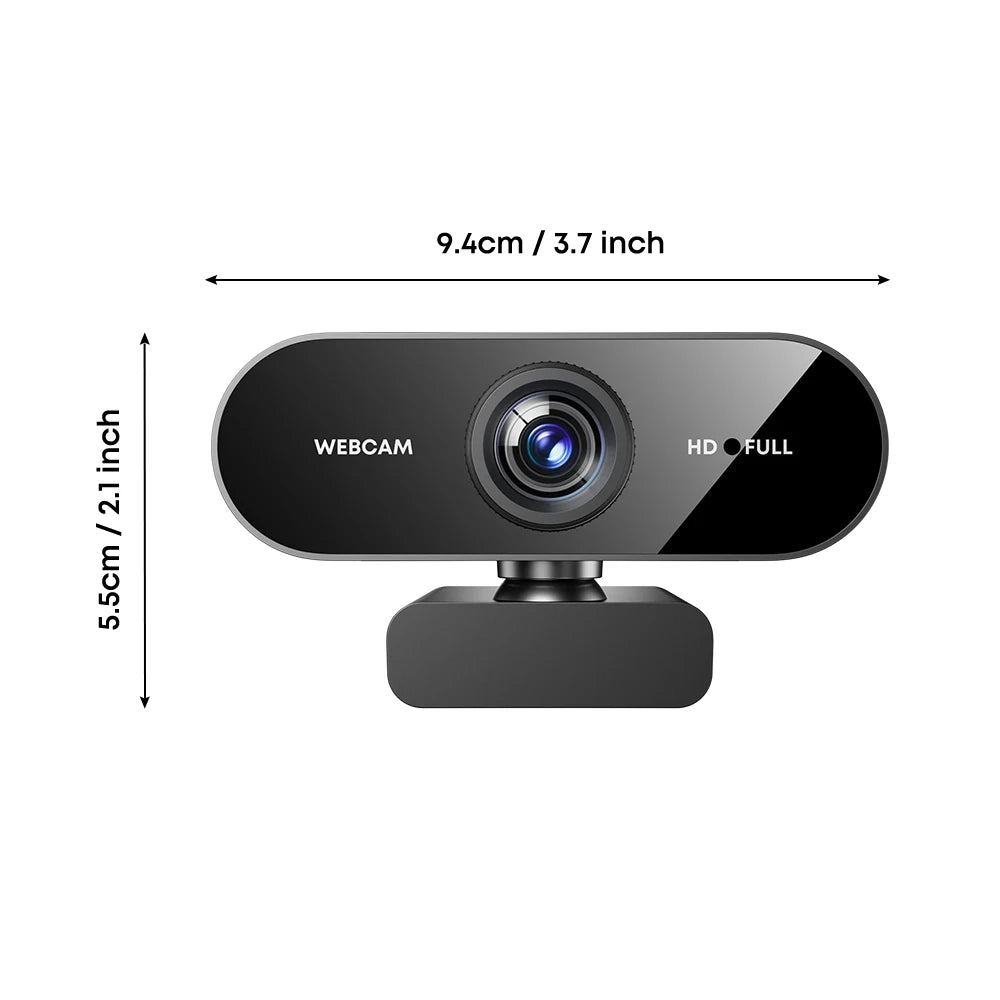 Schwarze 1080P FHD Webcam mit Objektiv und Mikrofon, von oben gezeigt.