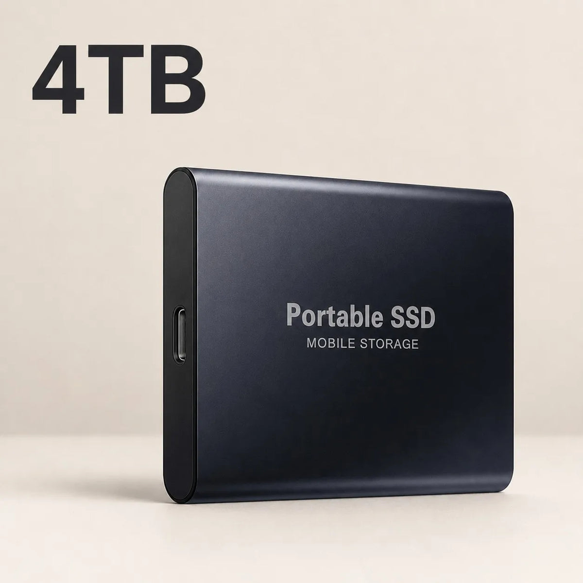 Schwarze tragbare SSD mit silbernem Anschluss vor hellem Hintergrund