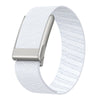 A white nylon braided strap for a fitness watch, shown on a wrist.