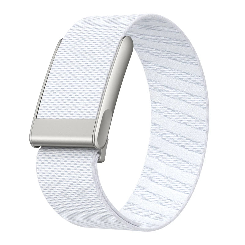 A white nylon braided strap for a fitness watch, shown on a wrist.