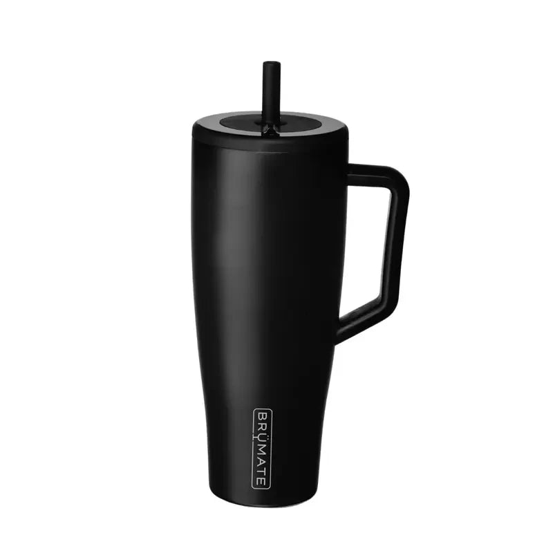 Black Brümate Era 40 oz insulated tumbler with a handle and straw.