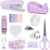 A collection of pink and purple desktop stationery items including a stapler, paper clips, and scissors.