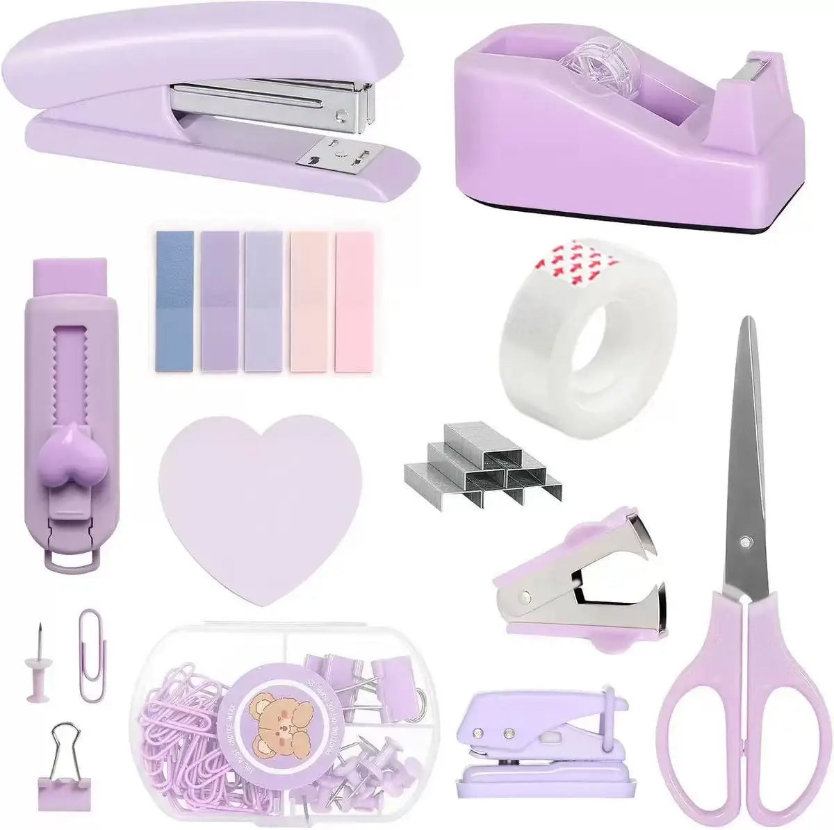 A collection of pink and purple desktop stationery items including a stapler, paper clips, and scissors.