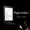 A black Kindle Paperwhite e-reader displaying text on a dark background with the title Paperwhite Built-in Light.