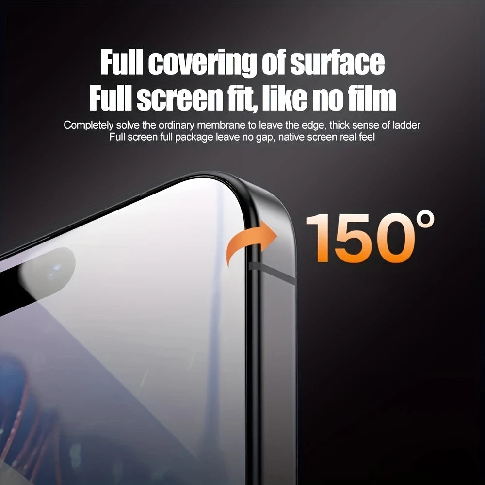 Nahaufnahme eines Smartphone-Bildschirms mit einer vollflächig aufgebrachten Schutzfolie in einem 150-Grad-Winkel.
