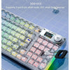 A transparent mechanical keyboard featuring hot-swappable switches and RGB lighting.