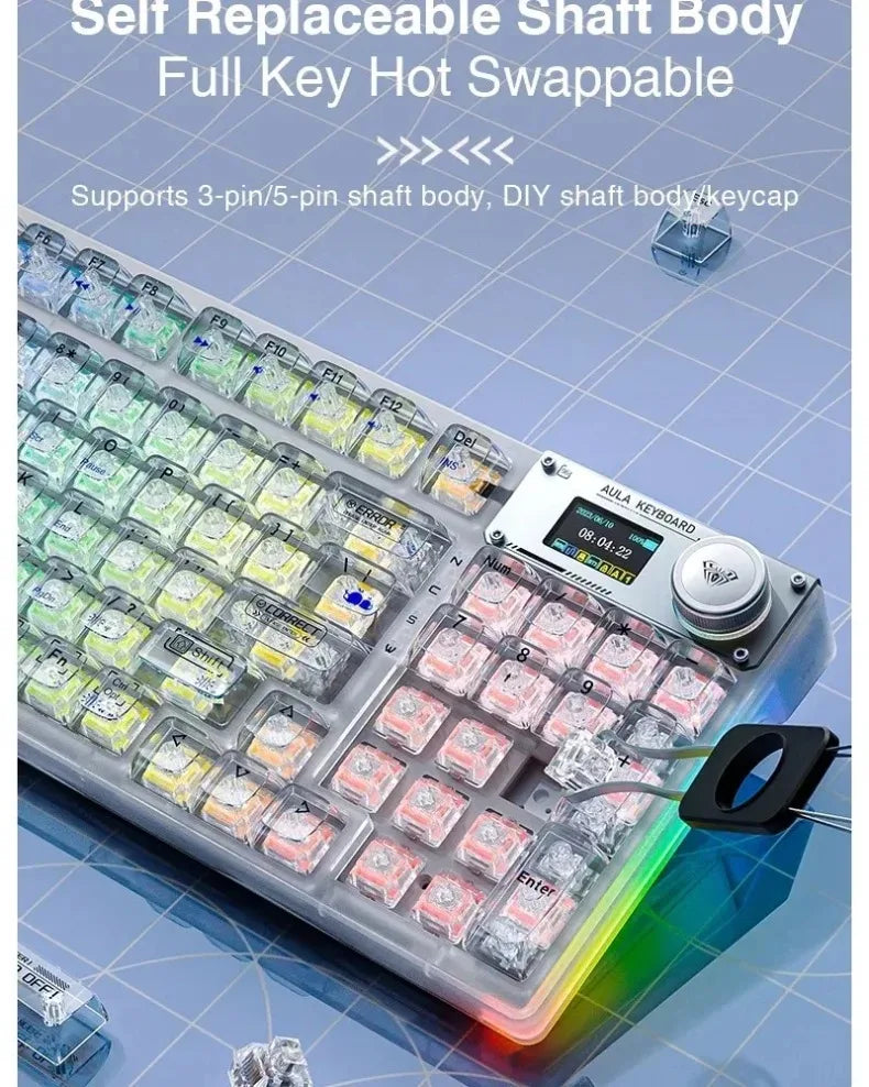 A transparent mechanical keyboard featuring hot-swappable switches and RGB lighting.