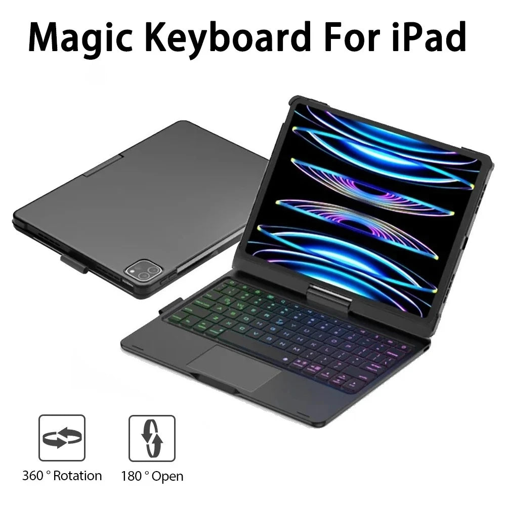 A black Magic Keyboard case for an iPad showing 360 degree rotation and 180 degree open functionality.