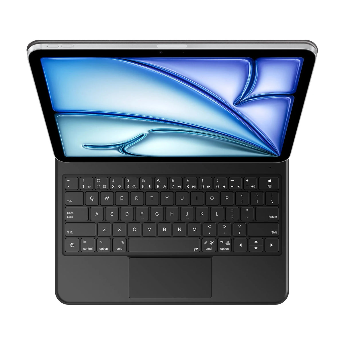 A black keyboard cover for an iPad displaying a blue, abstract wave design.