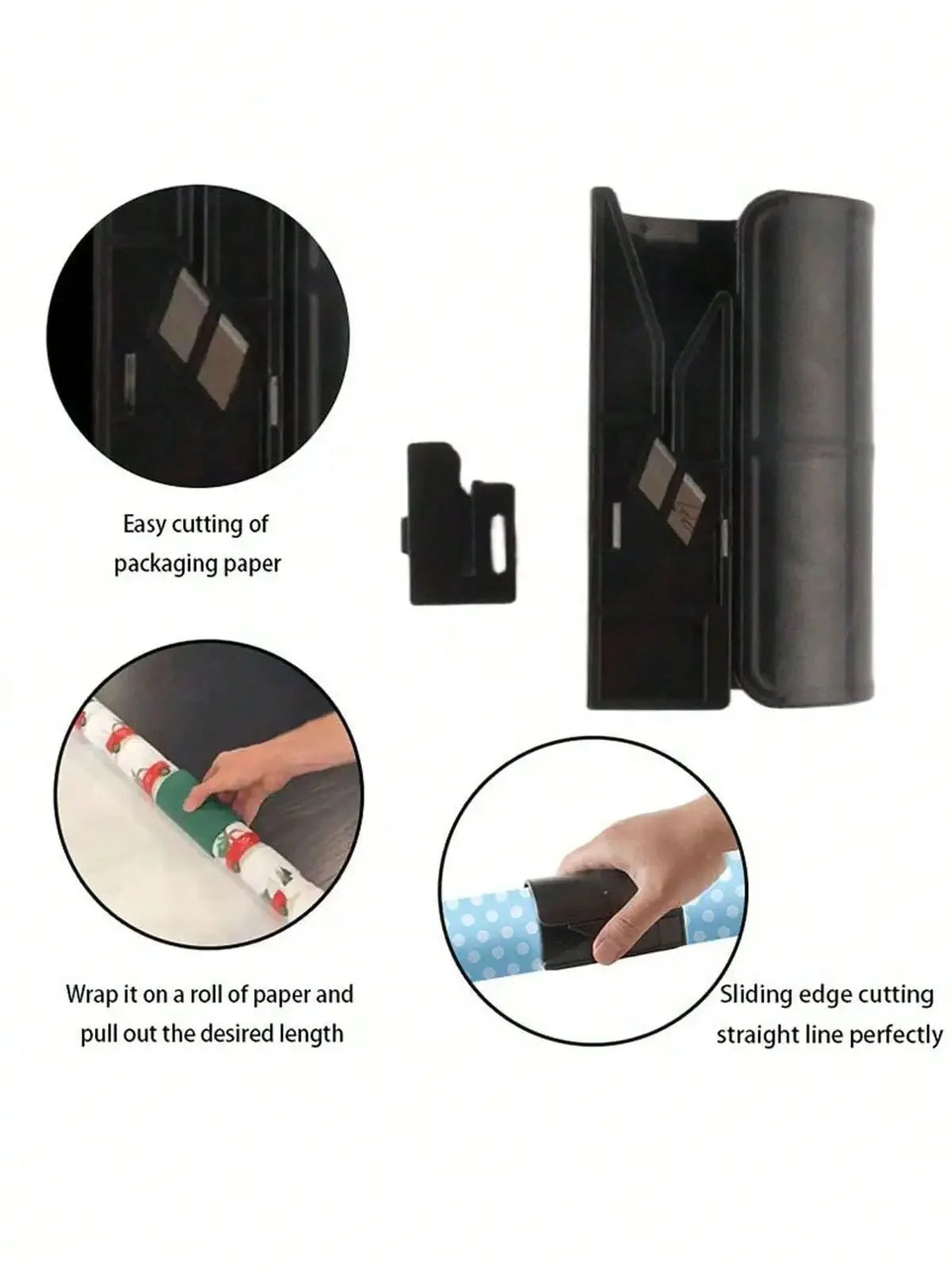 A portable plastic wrapping paper cutter shown with instructions for cutting packaging paper and wrapping rolls.