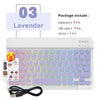A lavender portable Bluetooth keyboard set includes a keyboard, USB cable, and sticker.