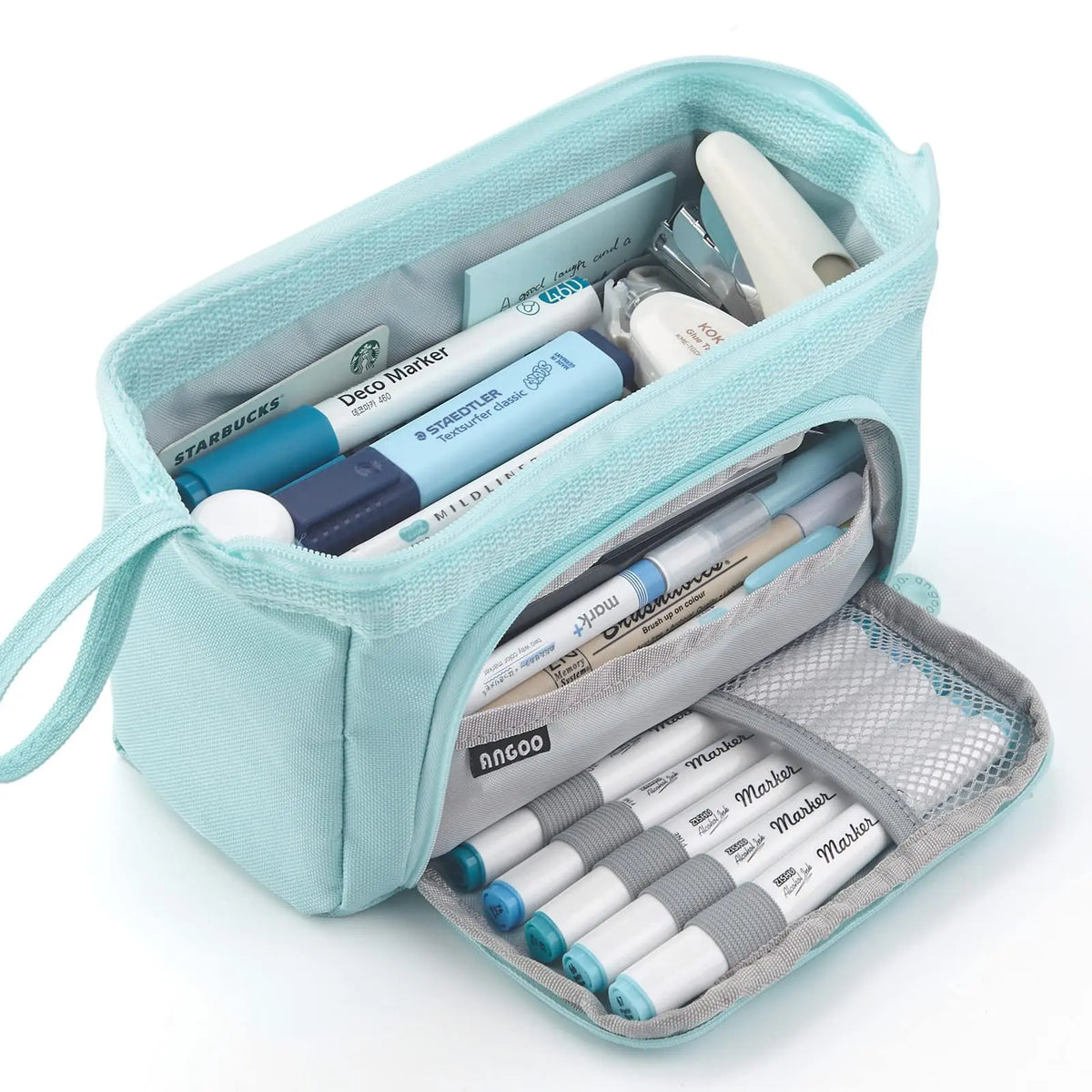 A light blue canvas pencil case with a zipper containing various pens and markers.