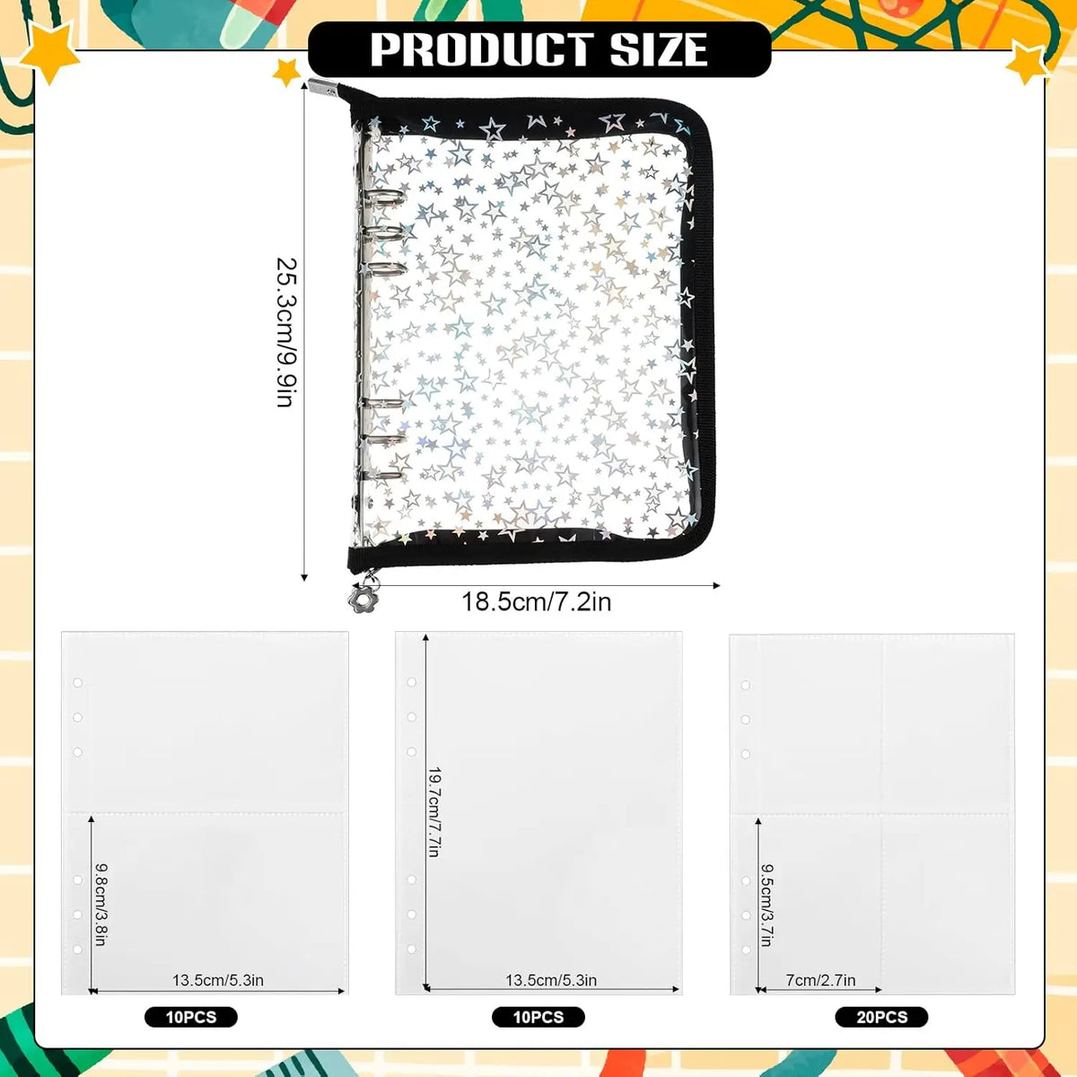 A product image showing an A5 sticker organizer binder with clear storage pockets and various sized sheets.