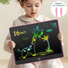 A young girl is holding and using a pink interactive LCD writing tablet to draw a giraffe on a black screen.