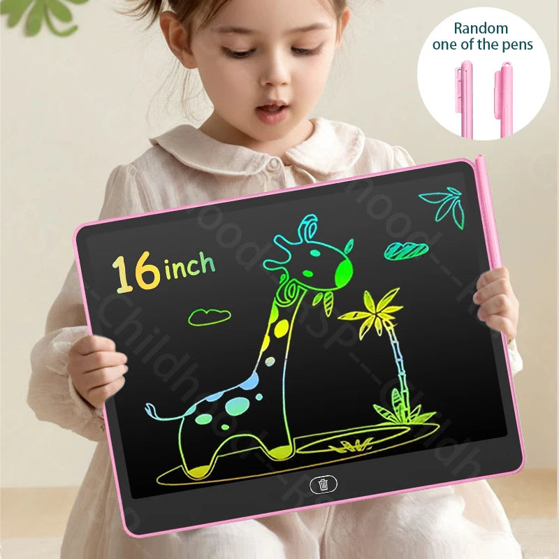 A young girl is holding and using a pink interactive LCD writing tablet to draw a giraffe on a black screen.